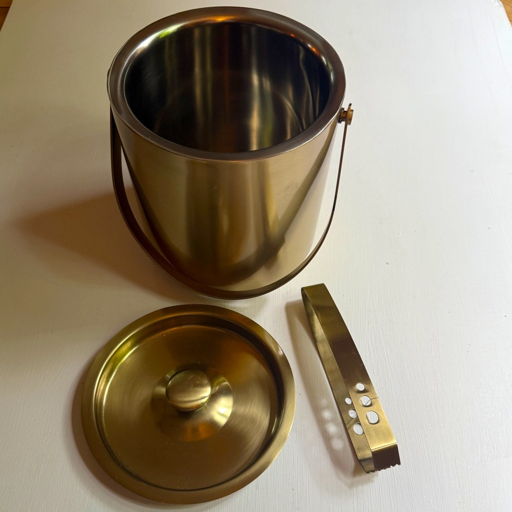 NORDSTROM ICE BUCKET BRUSHED GOLD w / Lid & Tongs | Double Wall